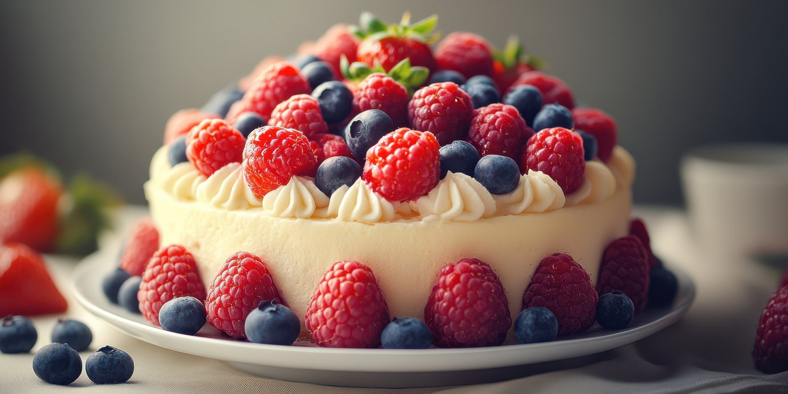 Delightful berry cake with fresh raspberries and blueberries decorated for a special occasion